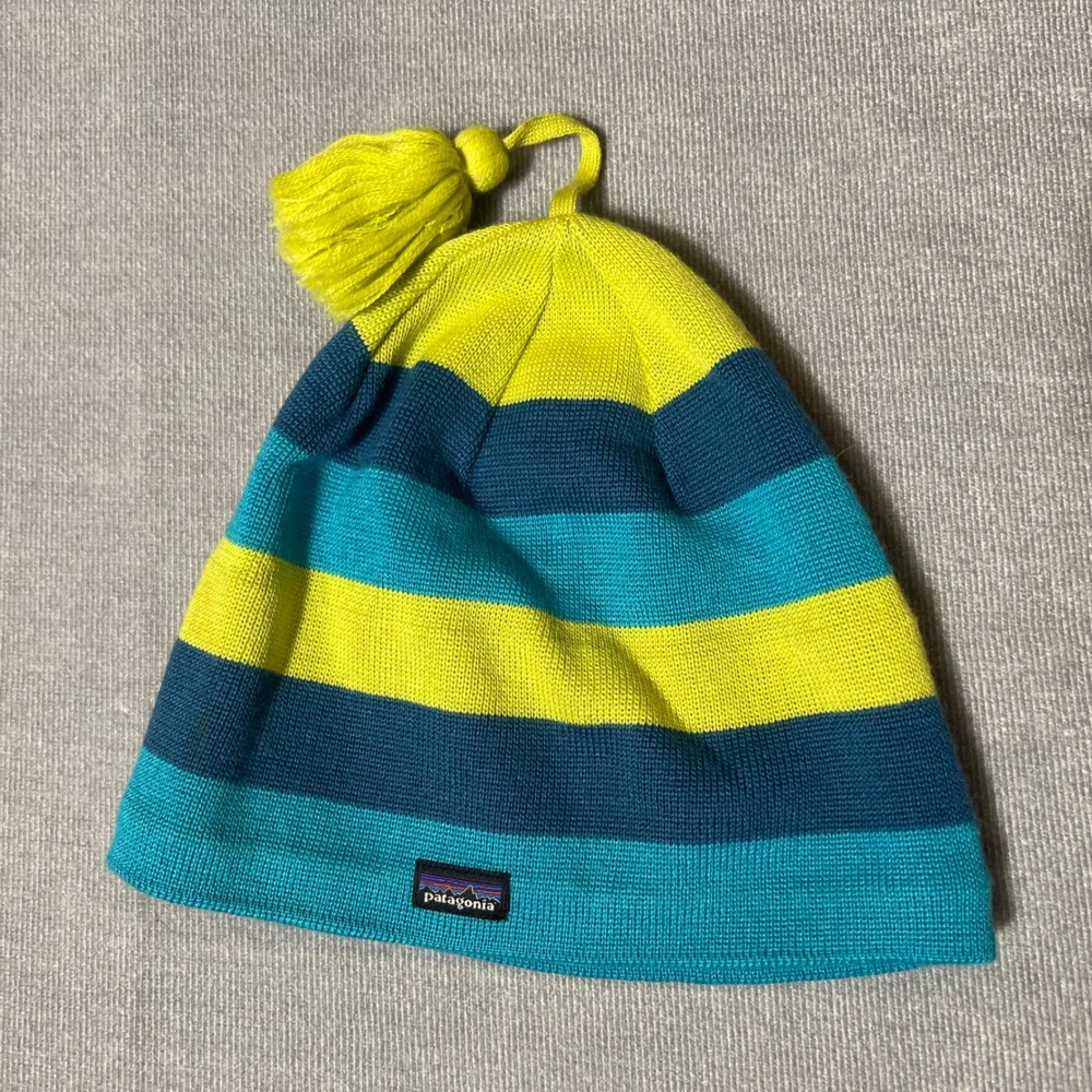Patagonia Striped Tassel Beanie Merino Wool Blend Blue Green Knit Hat One Size